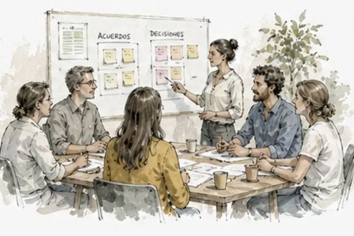 Grupo de personas tomando decisiones en torno a una mesa