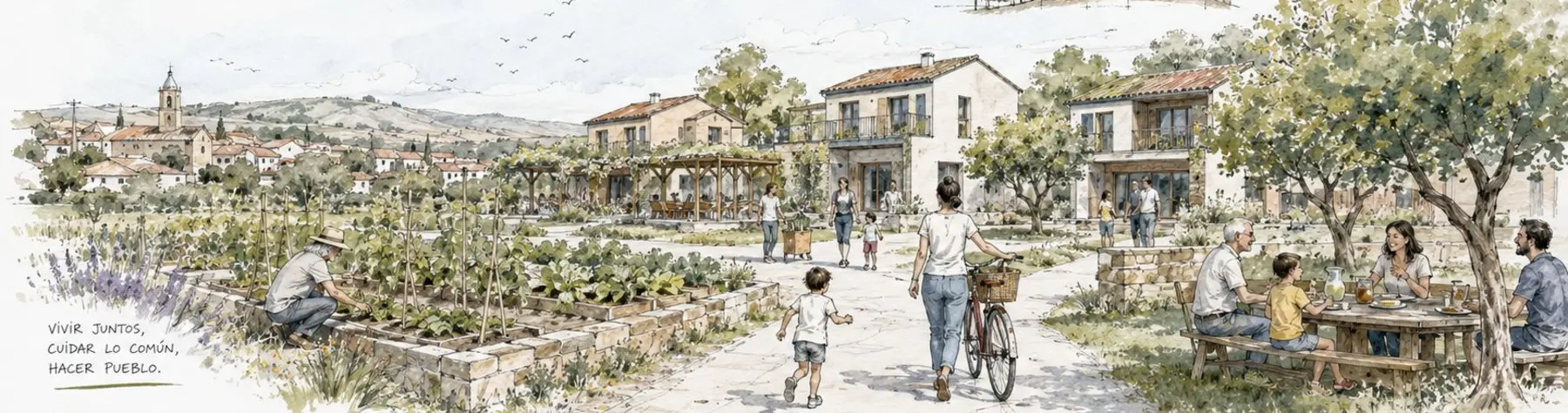 Ilustración conceptual de Jardín de Arganza, con viviendas y espacios verdes compartidos