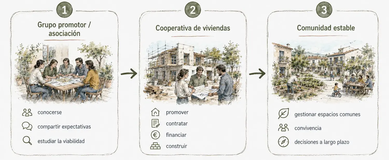 Diagrama ilustrado del paso de grupo promotor a cooperativa de viviendas y comunidad estable