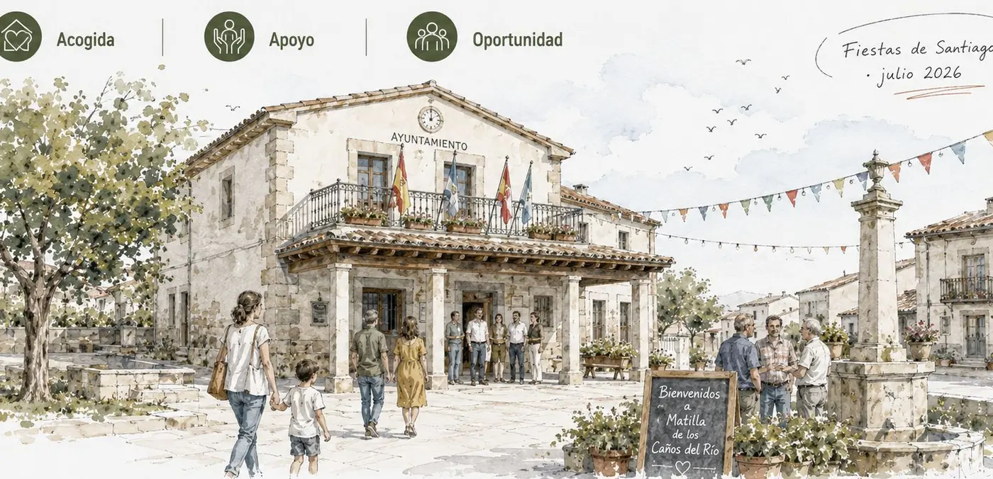 Ilustración del Ayuntamiento y la plaza de Matilla de los Caños del Río