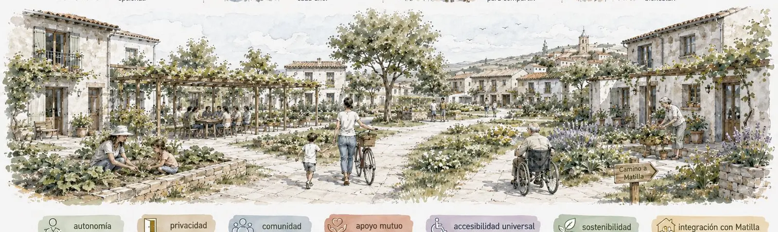 Ilustración panorámica de una plaza y jardín comunitario con personas de distintas edades