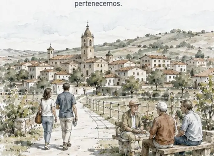 Ilustración de vecinos paseando y conversando en Matilla